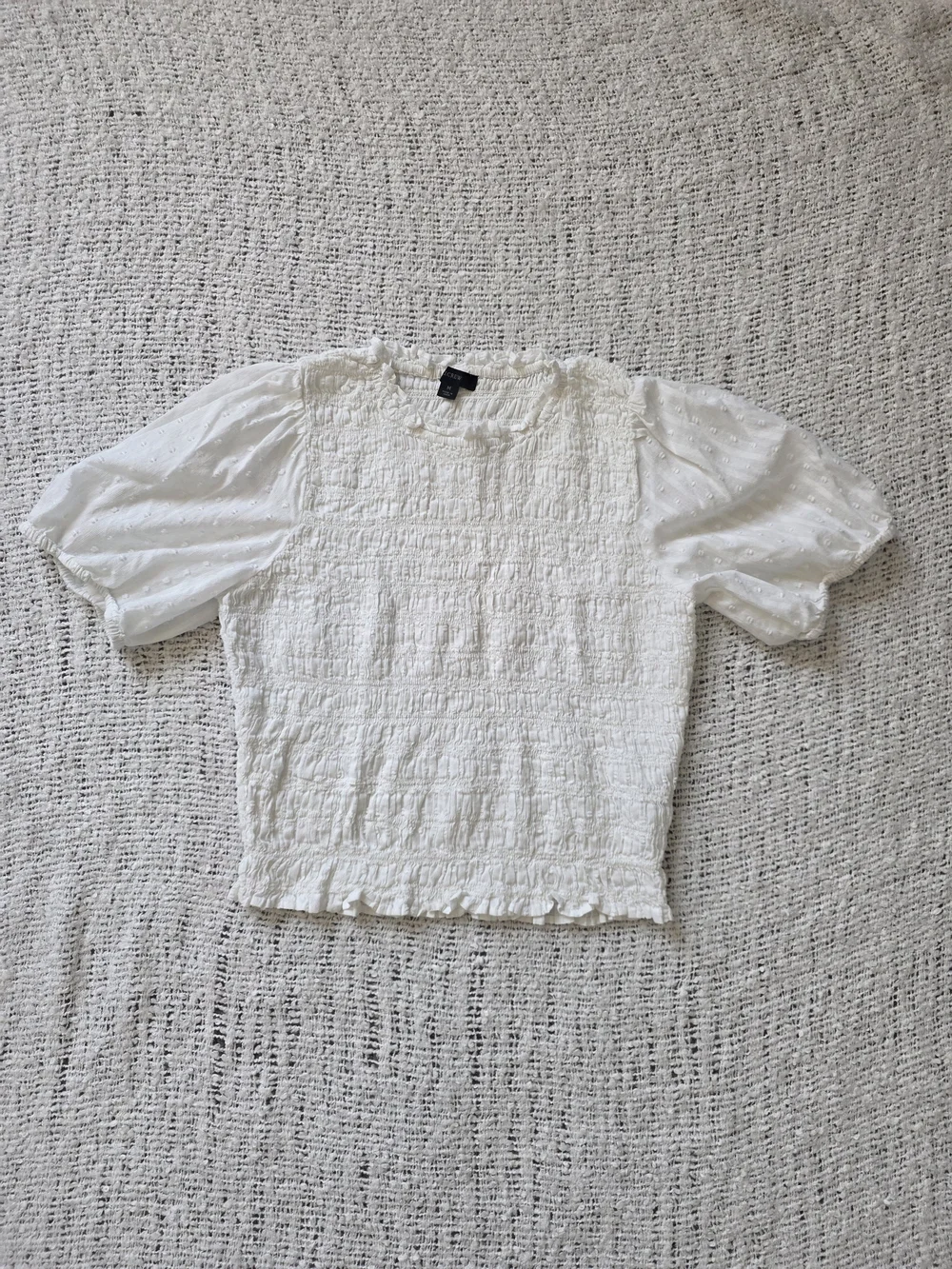 J. Crew White Smocked Puff Sleeve Blouse